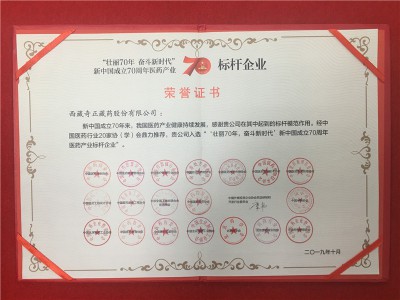 “壮丽70年 斗争新时代”新中国建设70周年医药工业-标杆企业-2019年10月证书